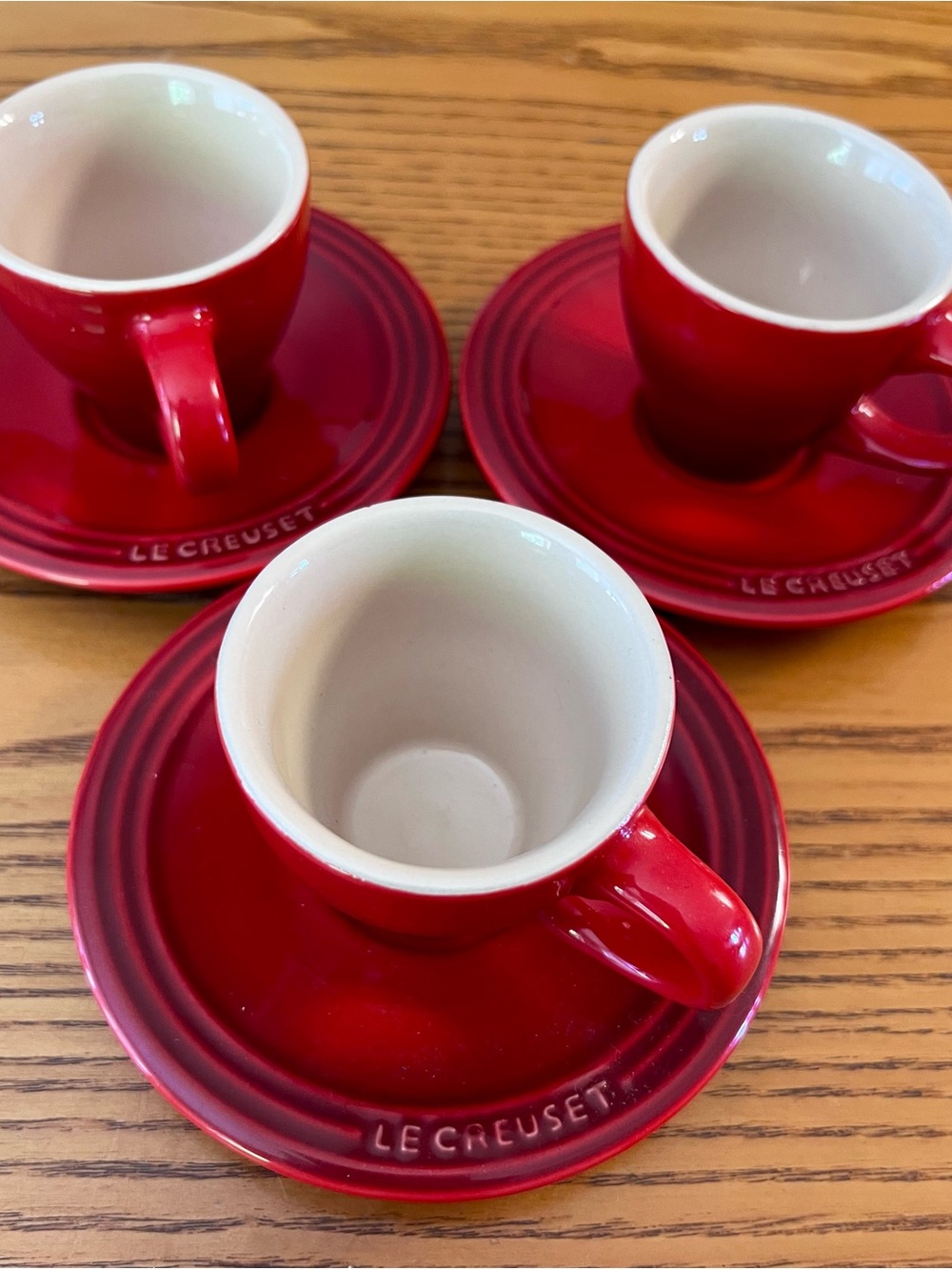 3 Le Creuset Cherry/Cerise Espresso Cups and Saucers
